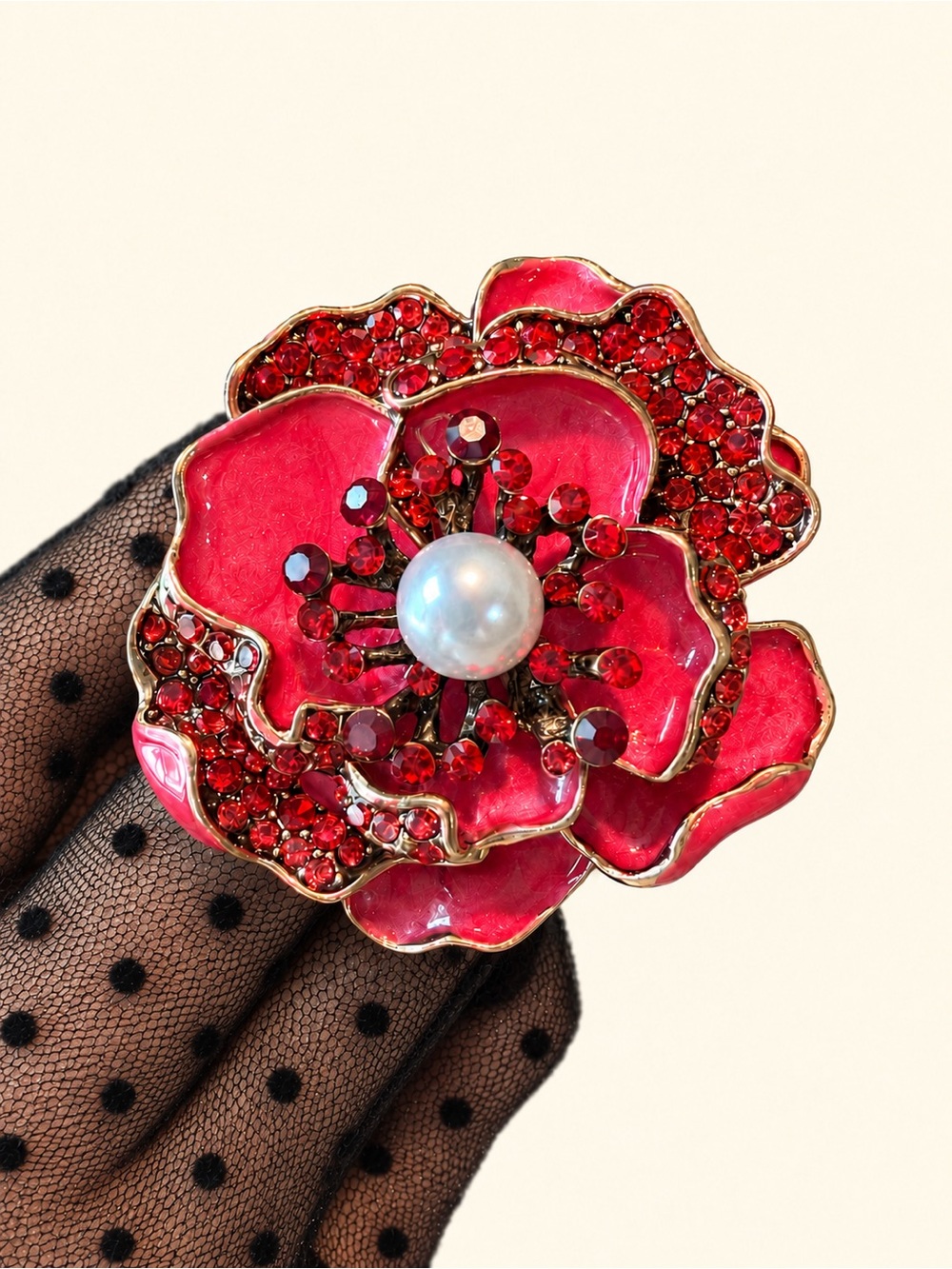 Red Rose Floral Pearl Gold Brooch